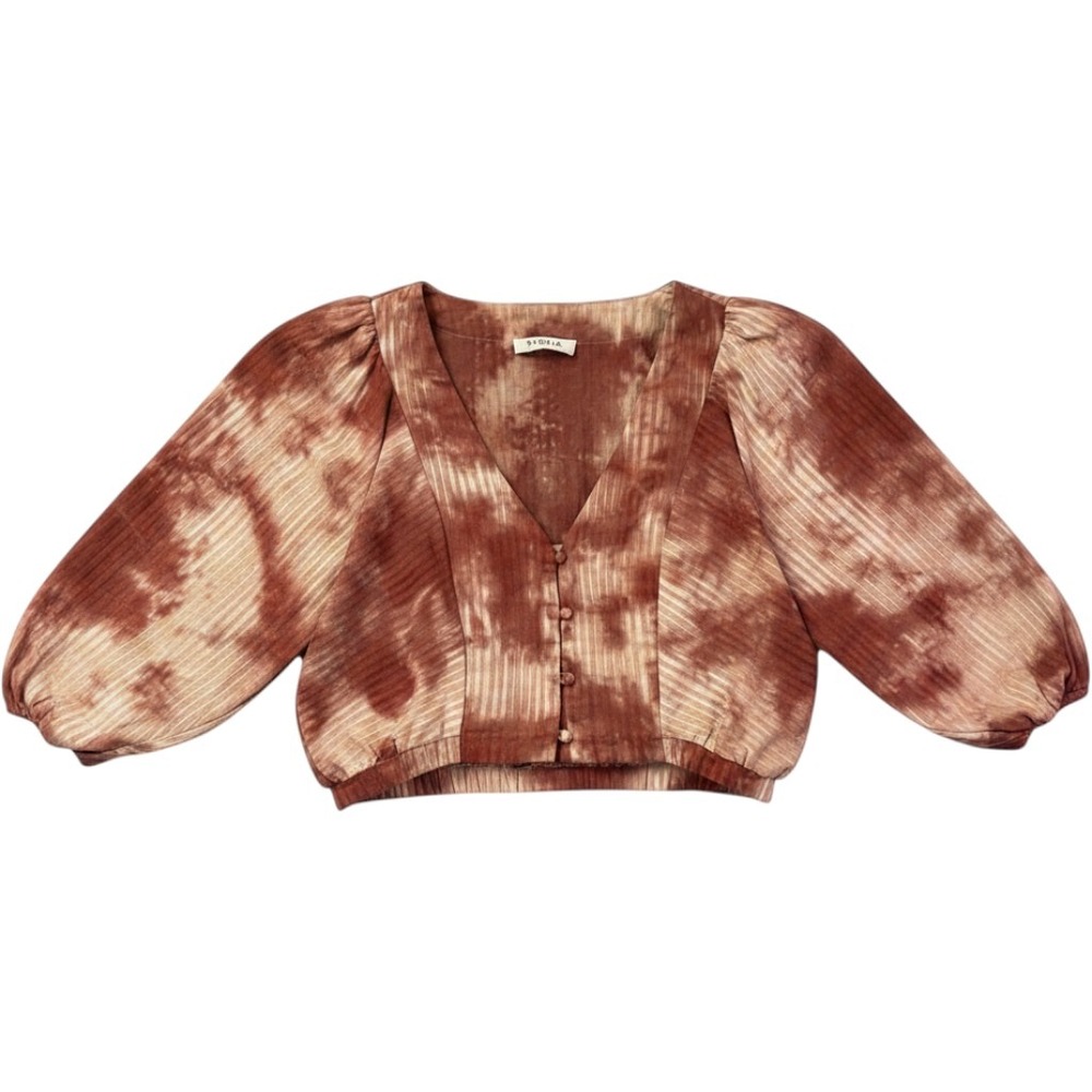 Storia Tie Dye V-Neck Button‎ Front Crop Top Brown Small